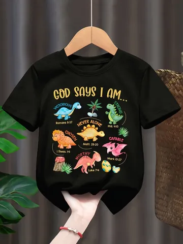 Camiseta de Algodón Peinado para Niños Estampado de Dinosaurio de Dibujos Animados Cita Bíblica Cristiana God Says I Am Manga Corta Cuello Redondo Top Casual de Verano