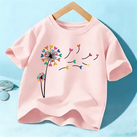 Kids Cotton Short Sleeve T-Shirt Graphic Dandelion Heart Print Summer Casual Tee For Boys Girls Toddler Soft Breathable Top