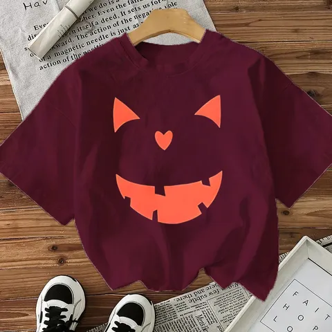 Women's Cotton Halloween Pumpkin Face Printed T-Shirt Casual Short Sleeve Round Neck Holiday Top For Party Daily Wear