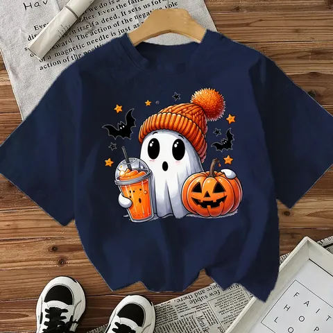 Maglietta in Cotone con Stampa di Halloween Zucca Fantasma Donna Casual Girocollo Manica Corta Top Grafico Largo