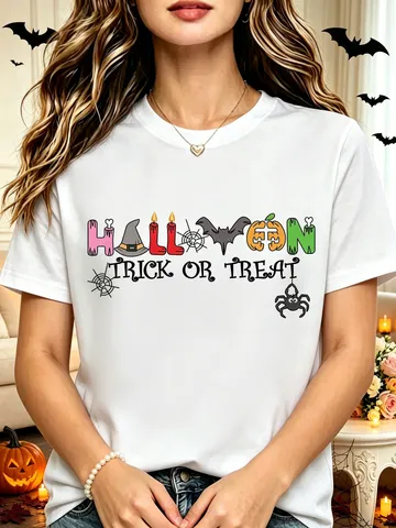 Dames Casual Halloween Grafische Print Korte Mouw Ronde Hals T-Shirt Basis Losse Katoenmix Tee Top