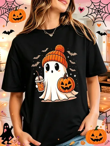 Camiseta Casual de Manga Corta de Algodón con Estampado de Fantasma de Halloween para Mujer Top Holgado de Cuello Redondo