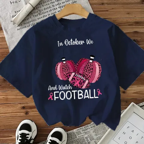 Women Cotton T-Shirt Casual Short Sleeve Top Halloween Pumpkin Football Print Loose Fit Tee Festive In October We Watch Football