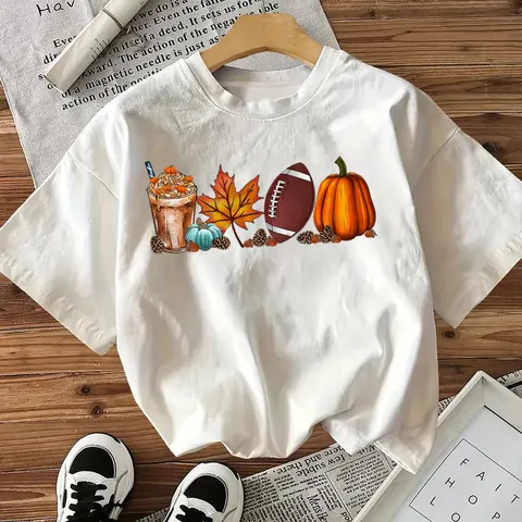 Damen Baumwolle T-Shirt Herbst Druck Rundhalsausschnitt Kurzarm Top Lässig Halloween Erntedankfest Kürbis Ahornblatt Muster Tee