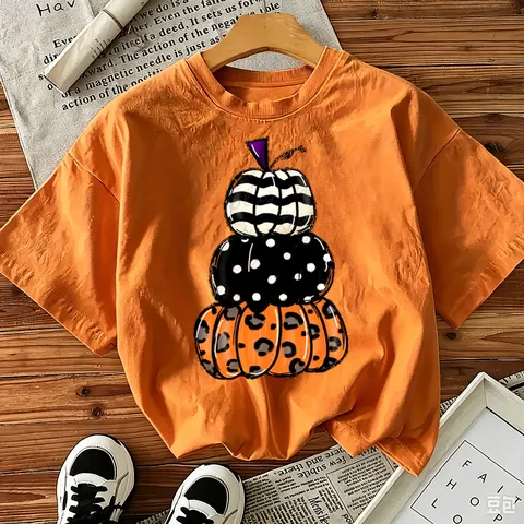 Dames Halloween Gestapelde Pompoen Bedrukt Korte Mouw T-Shirt Casual Gekamd Katoen Ronde Hals Top Grafisch Tee