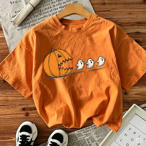 Dames Halloween Pompoen Spook Print Katoen T-Shirt Casual Losse Korte Mouw Ronde Hals Top