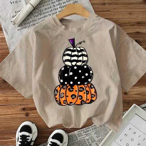 Dames Halloween Gestapelde Pompoen Bedrukt Korte Mouw T-Shirt Casual Gekamd Katoen Ronde Hals Top Grafisch Tee