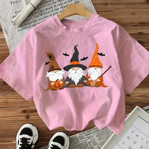 Damen Baumwolle Halloween Gnome Grafik T-Shirt Lässiges Rundhals Kurzarm Top Kürbis Fledermaus Druck Festliche Party Feiertags Kleidung