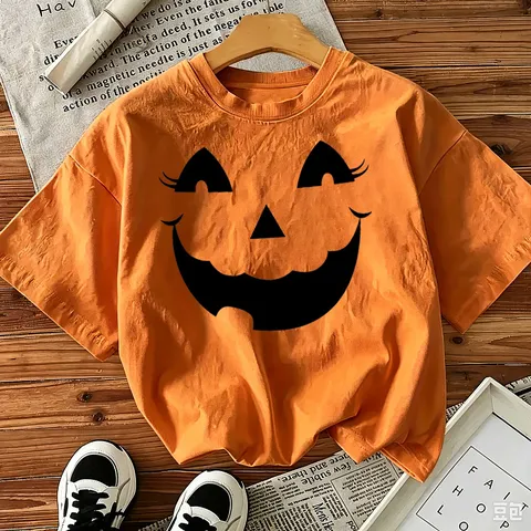 Dames Halloween Pumpkin Face Print Korte Mouw Ronde Hals Casual Losse T-Shirt Festival Vakantie Top