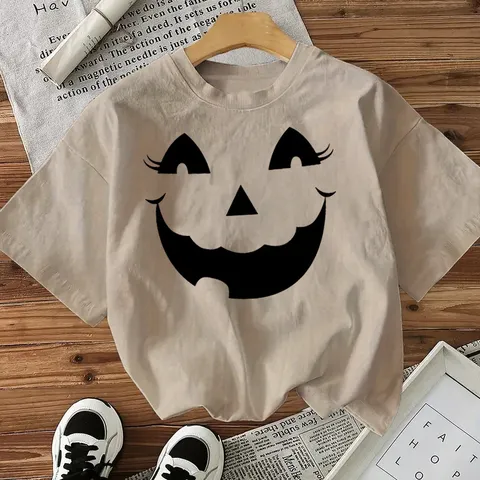 Dames Halloween Pumpkin Face Print Korte Mouw Ronde Hals Casual Losse T-Shirt Festival Vakantie Top