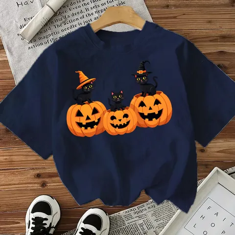 Dames Halloween Zwarte Kat Pompoen Print Casual Korte Mouw Katoen T-Shirt Schattige Vakantie Grafische Tee Top Dagelijkse Kleding