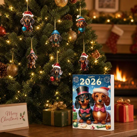 Calendario de Adviento de Navidad Caja Sorpresa Perro Salchicha Dibujos Animados Acrílico Adornos Colgantes Regalo Sorpresa Festivo
