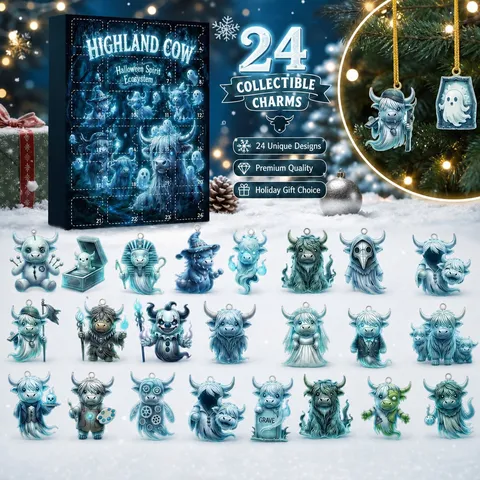 Gothic Highland Cow Ghost Blind Box Halloween Advent Calendar Acrylic Hanging Pendant Holiday Gift Box