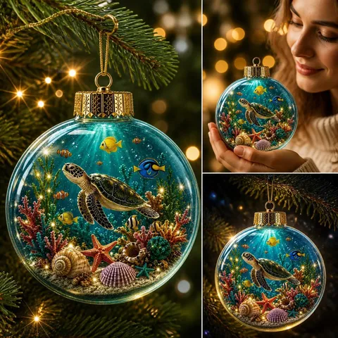 Christmas Acrylic Ocean Theme Crystal Ball Pendant Marine Life Micro Landscape Xmas Tree Hanging Ornament Glowing Gift