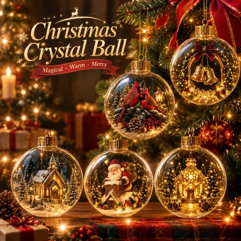 Christmas Acrylic Luminous Crystal Ball Pendant Retro 3D Snow Scene Tree Hanging Ornament Holiday Gift Decor
