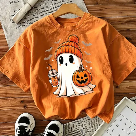 Camiseta Casual de Manga Corta de Algodón con Estampado de Fantasma de Halloween para Mujer Top Holgado de Cuello Redondo