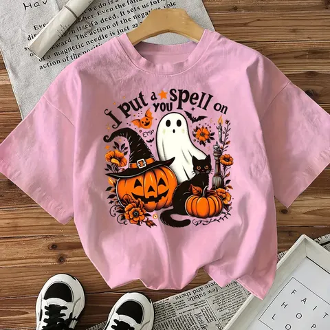 Dames Halloween Pompoen Geest Grafische Print Korte Mouw Katoen T-Shirt Casual Losse Ronde Hals Top