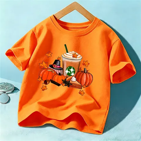Kids Halloween Pumpkin Print Short Sleeve Pure Cotton Crew Neck T Shirt Top