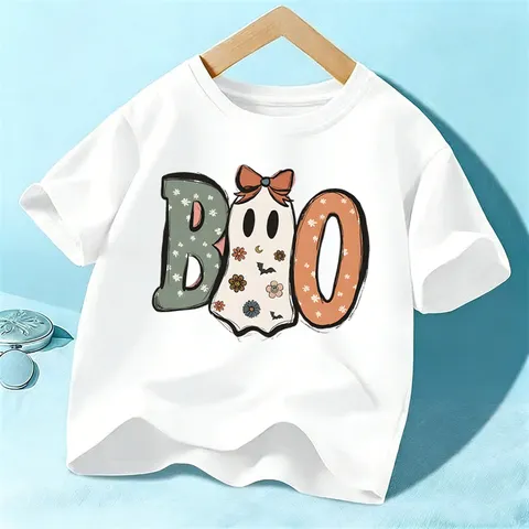 Camiseta de Algodón de Manga Corta de Halloween para Niños Unisex Casual Festiva Gráfica Tee Top Cómoda Transpirable Cuello Redondo