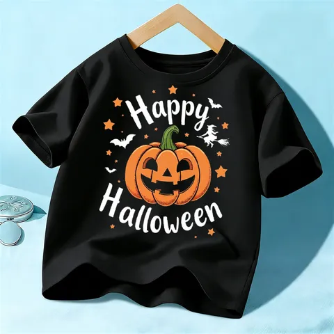 Kids Halloween Pumpkin Bat Graphic Print Short Sleeve Cotton T Shirt Unisex Children Holiday Casual Top