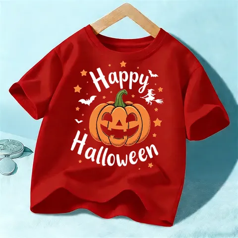 Kids Halloween Pumpkin Bat Graphic Print Short Sleeve Cotton T Shirt Unisex Children Holiday Casual Top