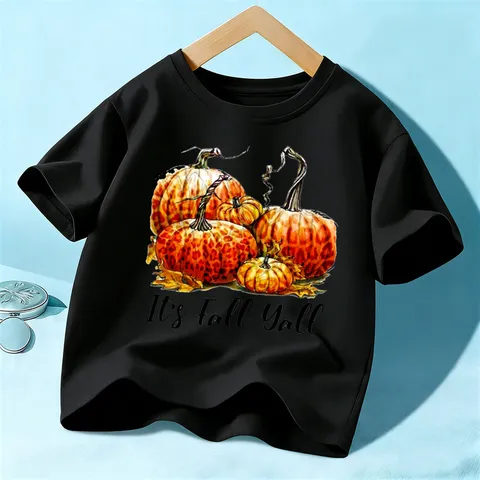 Kids T-Shirt Halloween Pumpkin Print Short Sleeve Casual Cotton Blend O-Neck Top Children Fall Holiday Clothing