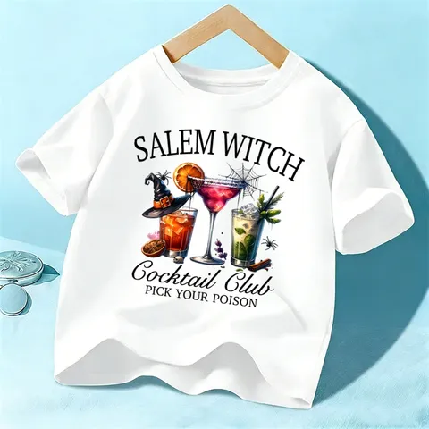 Camiseta de Manga Corta de Halloween para Niños Unisex Algodón Bruja Cóctel Gráfico Top Casual de Verano