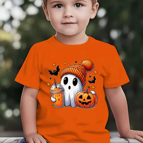 Kids Halloween Cartoon Ghost Pumpkin Print Short Sleeve T-Shirt Unisex Cotton Casual Crew Neck Top For Children