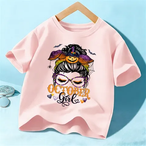 Kids Halloween Cotton Short Sleeve T-Shirt Cute Pumpkin Girl Print Casual Tops For Boys And Girls Festival Party Wear