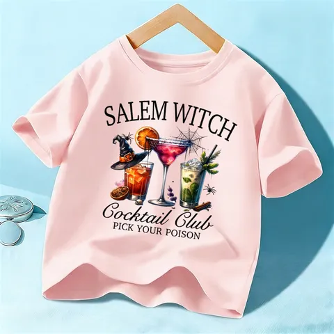 Camiseta de Manga Corta de Halloween para Niños Unisex Algodón Bruja Cóctel Gráfico Top Casual de Verano