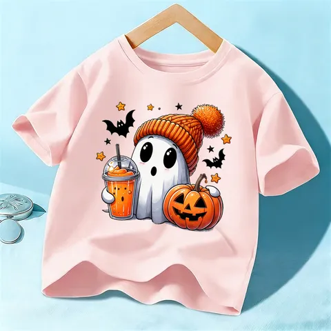 Kids Halloween Cartoon Ghost Pumpkin Print Short Sleeve T-Shirt Unisex Cotton Casual Crew Neck Top For Children