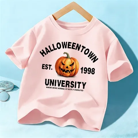 Camiseta de Manga Corta con Estampado de Calabaza de Halloween para Niños Niños Casual Cuello Redondo Algodón Top Festival