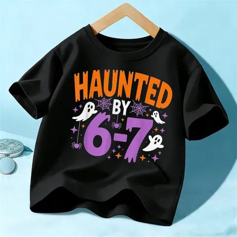 Kids Halloween Cotton Blend Short Sleeve T-Shirt Children Cute Ghost Spider Web Graphic Casual Tee Top For Boys And Girls