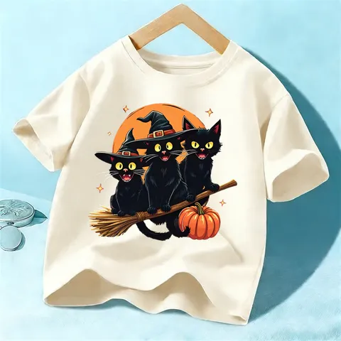 Kids Halloween Short Sleeve T Shirt Unisex Cotton Black Cat Pumpkin Graphic Tee Toddler Children Holiday Top