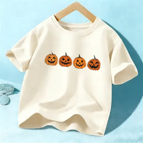 Kids Halloween Pumpkin Print Short Sleeve T-Shirt Children Casual Cotton Crew Neck Top Summer Daily Wear