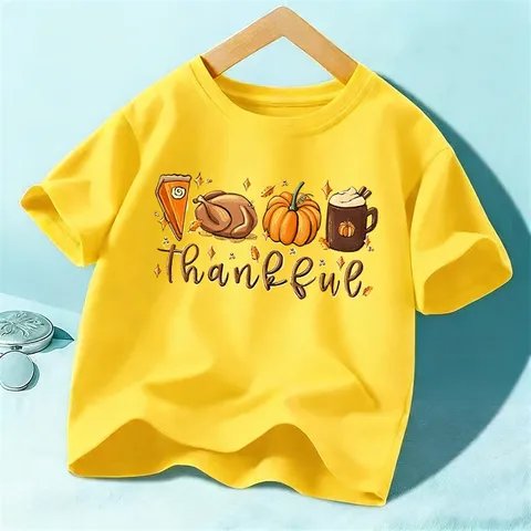Camiseta de Manga Corta de Algodón de Acción de Gracias para Niños Camiseta Gráfica de Cuello Redondo Casual para Niños y Niñas Tops de Vacaciones