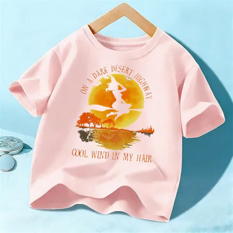 Kids Halloween Short Sleeve T Shirt Cotton Round Neck Witch Print Casual Top For Boys And Girls Holiday Apparel
