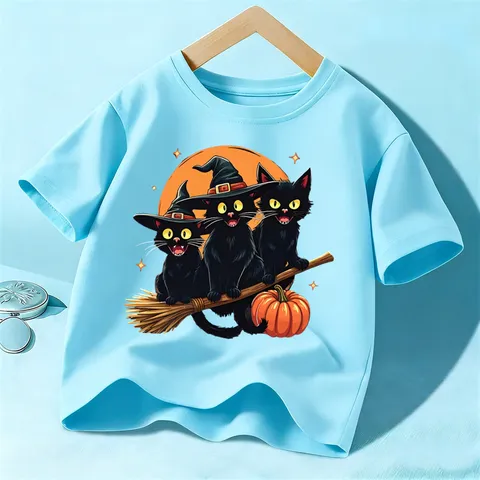 Kids Halloween Short Sleeve T Shirt Unisex Cotton Black Cat Pumpkin Graphic Tee Toddler Children Holiday Top
