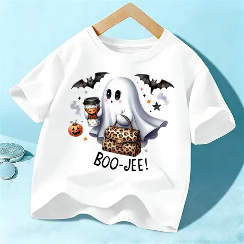 Kids Halloween Short Sleeve T-Shirt Cute Ghost Pumpkin Print Casual Crewneck Cotton Top For Boys And Girls Festival Party Wear