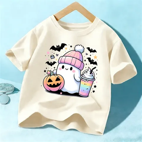 Kids Halloween Cartoon Ghost Pumpkin Short Sleeve T-Shirt Children Casual Crew Neck Cotton Summer Top Boys Girls Holiday