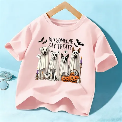 Παιδικό T-Shirt Κοντό Μανίκι από Βαμβάκι Halloween Χαριτωμένο Γραφικό Σκύλου Φάντασμα Στρογγυλή Λαιμόκοψη Casual Top Για Αγόρια Και Κορίτσια