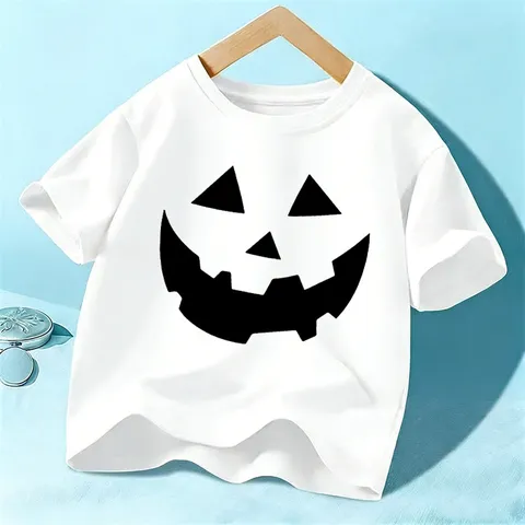 Kids Halloween Pumpkin Face Print Short Sleeve T-Shirt Children Casual Cotton Round Neck Top Boys Girls Festive Apparel