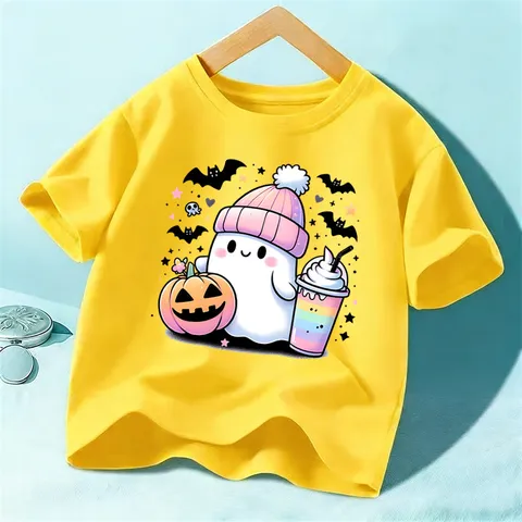 Kids Halloween Cartoon Ghost Pumpkin Short Sleeve T-Shirt Children Casual Crew Neck Cotton Summer Top Boys Girls Holiday