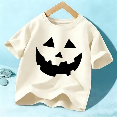 Kids Halloween Pumpkin Face Print Short Sleeve T-Shirt Children Casual Cotton Round Neck Top Boys Girls Festive Apparel