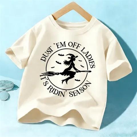 Kids Halloween T-Shirt Short Sleeve Cotton Round Neck Witch Graphic Holiday Party Top For Boys And Girls