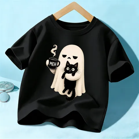 Kids Halloween Ghost Black Cat Print Short Sleeve Cotton T-Shirt Children Casual Tee Summer Holiday Apparel Tops