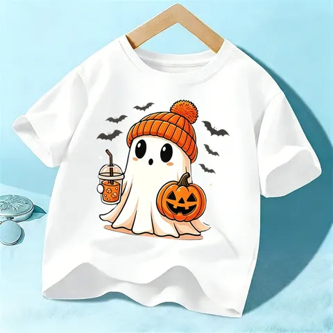 Camiseta de Manga Corta Estampada de Fantasma de Dibujos Animados de Halloween para Niños Top de Algodón Casual Cuello Redondo