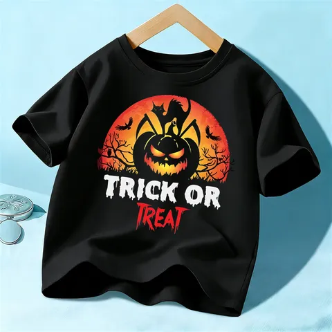 Kids Halloween Cotton T-Shirt Unisex Short Sleeve Crew Neck Pumpkin Graphic Top Boys Girls Holiday Apparel