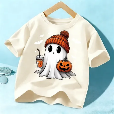 Kids Halloween Cotton T-Shirt Cute Cartoon Ghost Pumpkin Print Short Sleeve Crew Neck Top Boys Girls Casual Summer