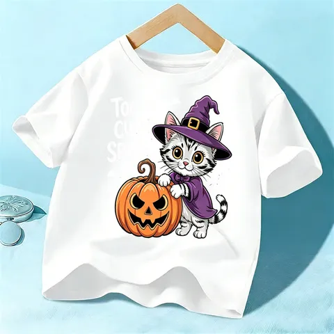 Kinder Halloween Kurzarm T-Shirt Unisex Baumwolle Lässig Süße Katze Kürbis Grafik Druck Top